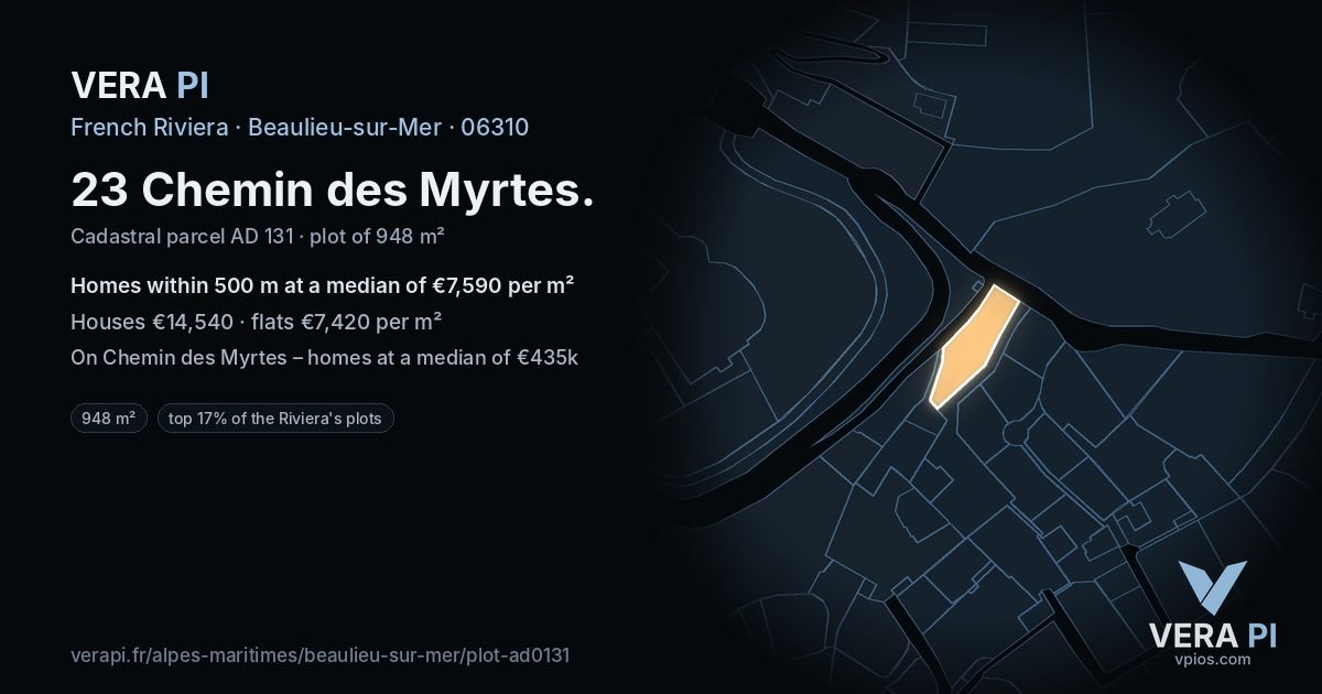23 Chemin des Myrtes, Beaulieu-sur-Mer at night – the plot lit, the parcels around coloured by the prices near them