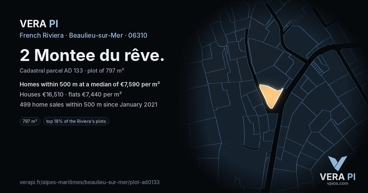 2 Montee du rêve, Beaulieu-sur-Mer at night – the plot lit, the parcels around coloured by the prices near them