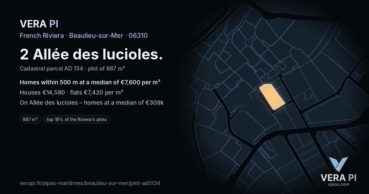 2 Allée des lucioles, Beaulieu-sur-Mer at night – the plot lit, the parcels around coloured by the prices near them
