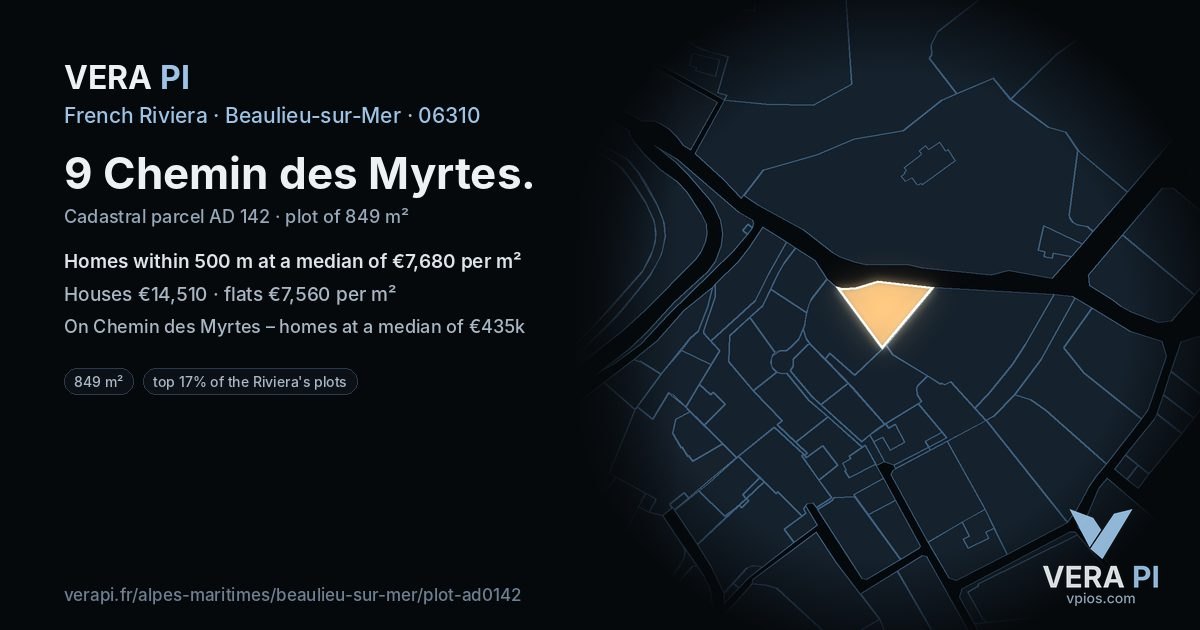 9 Chemin des Myrtes, Beaulieu-sur-Mer at night – the plot lit, the parcels around coloured by the prices near them