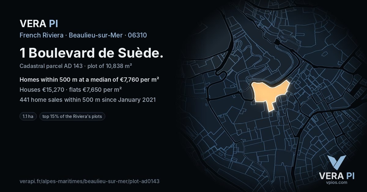 1 Boulevard de Suède, Beaulieu-sur-Mer at night – the plot lit, the parcels around coloured by the prices near them