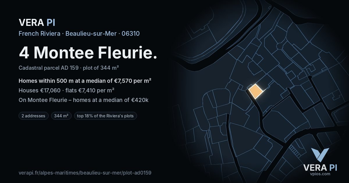 4 Montee Fleurie, Beaulieu-sur-Mer at night – the plot lit, the parcels around coloured by the prices near them