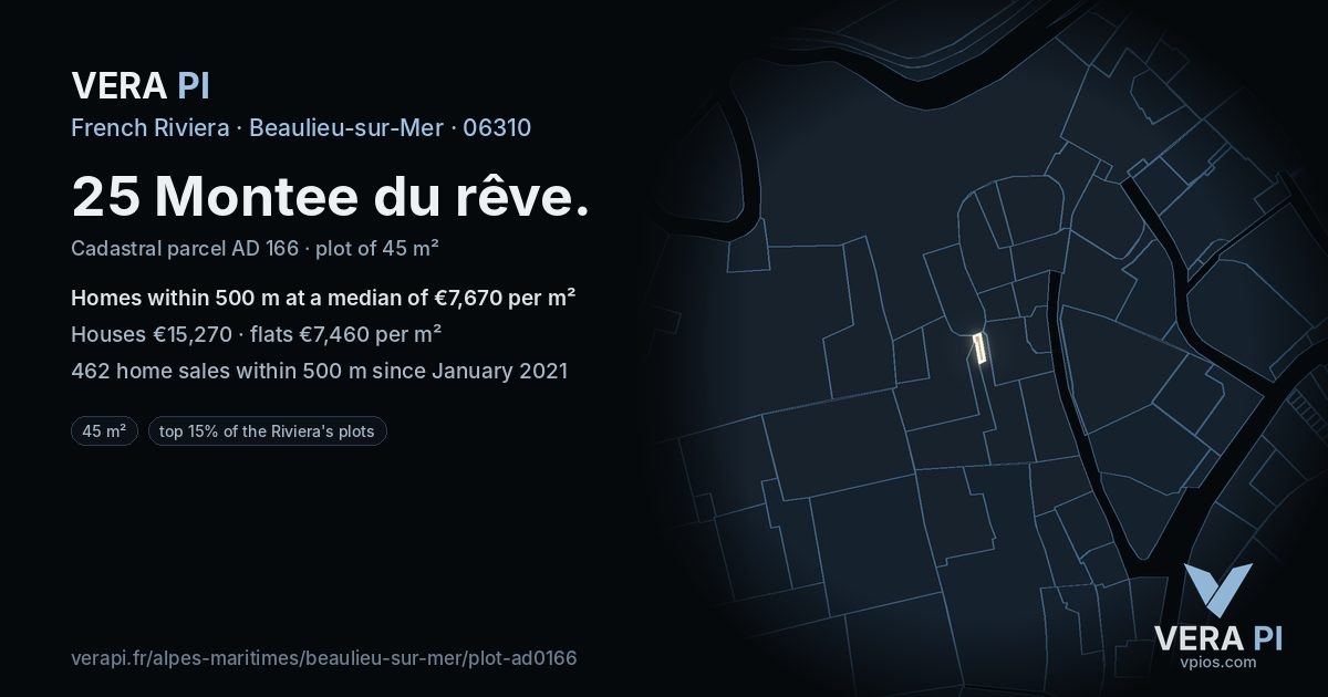25 Montee du rêve, Beaulieu-sur-Mer at night – the plot lit, the parcels around coloured by the prices near them