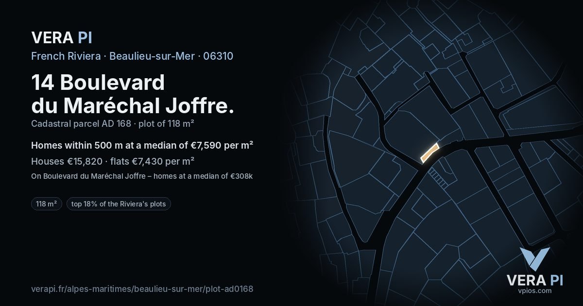 14 Boulevard du Maréchal Joffre, Beaulieu-sur-Mer at night – the plot lit, the parcels around coloured by the prices near them