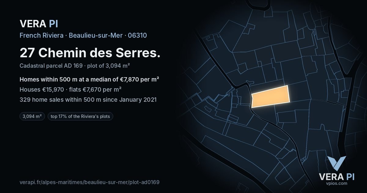 27 Chemin des Serres, Beaulieu-sur-Mer at night – the plot lit, the parcels around coloured by the prices near them
