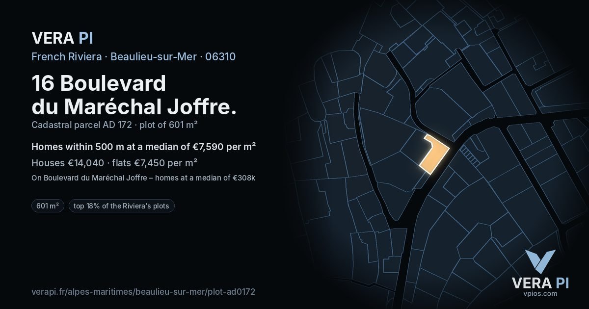 16 Boulevard du Maréchal Joffre, Beaulieu-sur-Mer at night – the plot lit, the parcels around coloured by the prices near them
