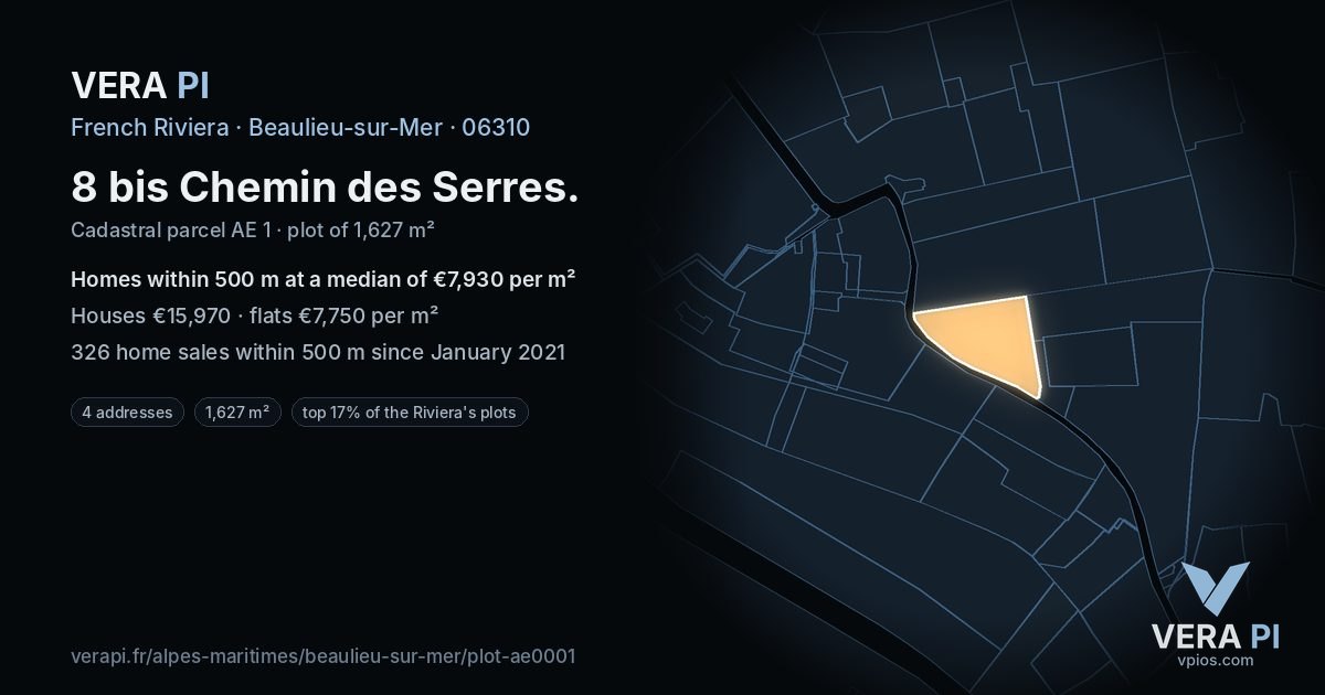8 bis Chemin des Serres, Beaulieu-sur-Mer at night – the plot lit, the parcels around coloured by the prices near them