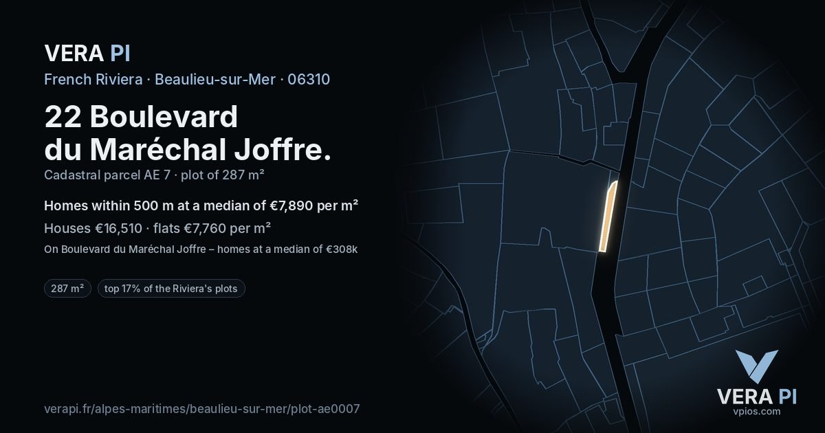 22 Boulevard du Maréchal Joffre, Beaulieu-sur-Mer at night – the plot lit, the parcels around coloured by the prices near them