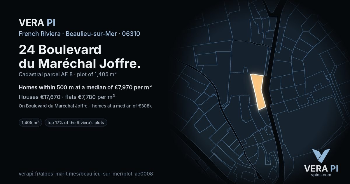 24 Boulevard du Maréchal Joffre, Beaulieu-sur-Mer at night – the plot lit, the parcels around coloured by the prices near them