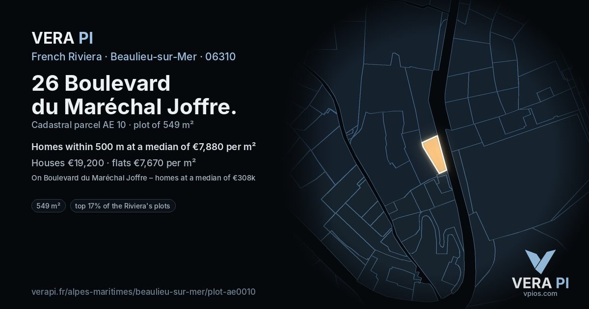 26 Boulevard du Maréchal Joffre, Beaulieu-sur-Mer at night – the plot lit, the parcels around coloured by the prices near them