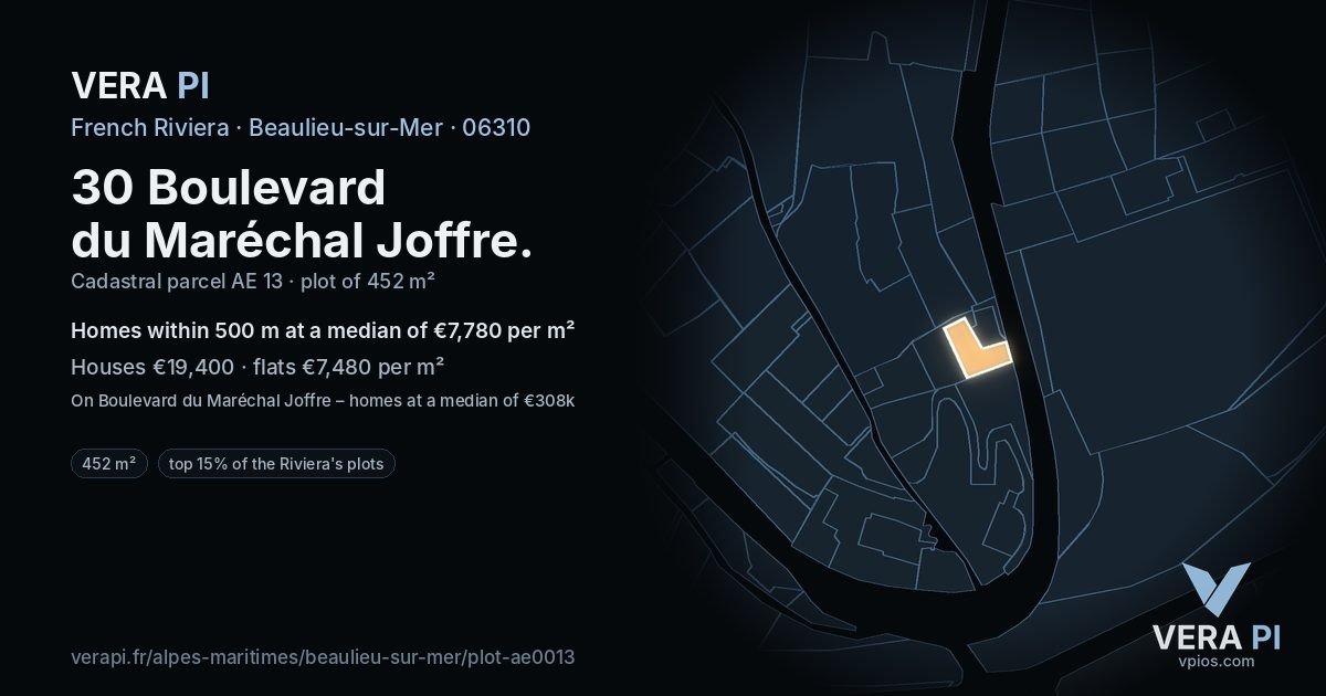 30 Boulevard du Maréchal Joffre, Beaulieu-sur-Mer at night – the plot lit, the parcels around coloured by the prices near them