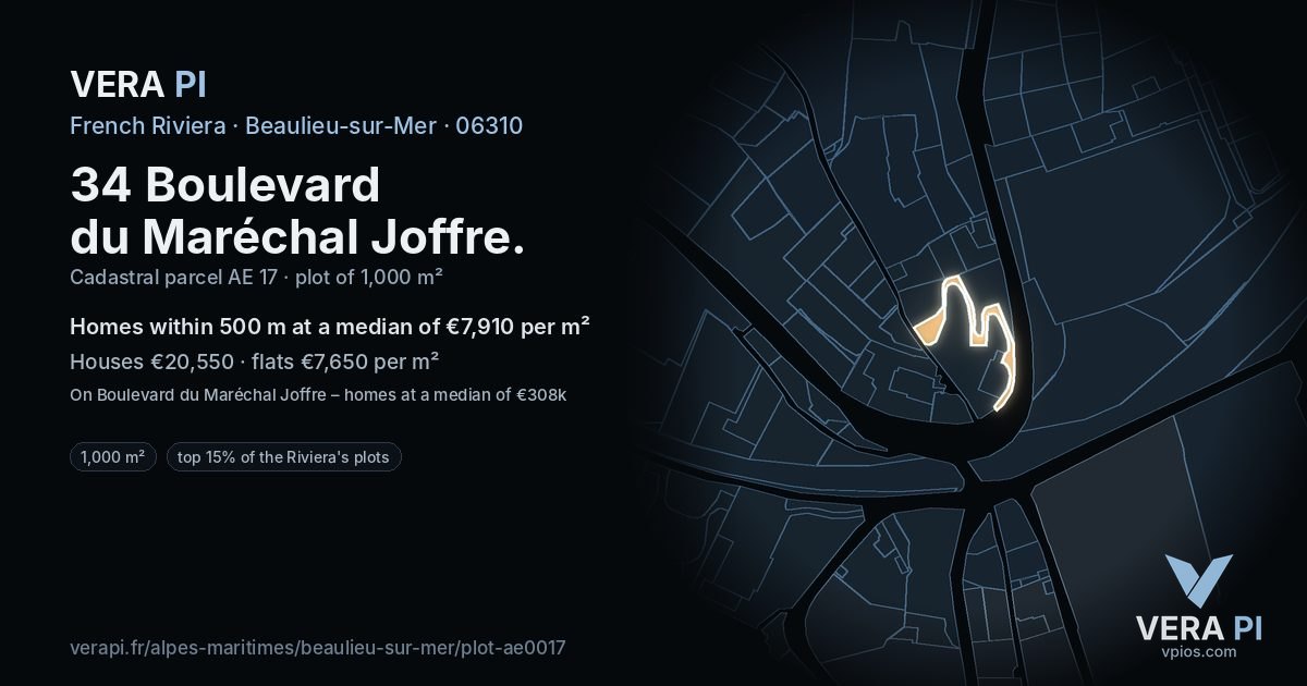 34 Boulevard du Maréchal Joffre, Beaulieu-sur-Mer at night – the plot lit, the parcels around coloured by the prices near them