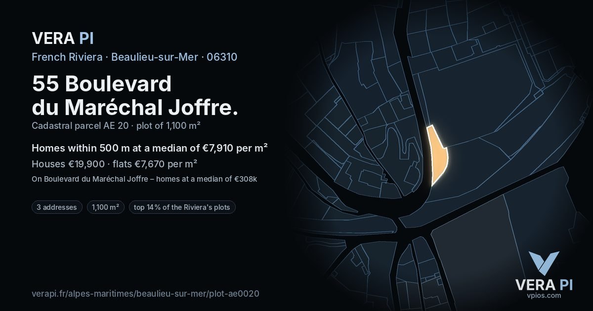 55 Boulevard du Maréchal Joffre, Beaulieu-sur-Mer at night – the plot lit, the parcels around coloured by the prices near them