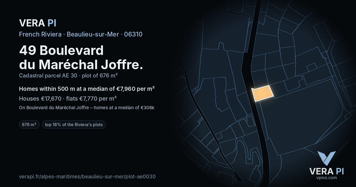 49 Boulevard du Maréchal Joffre, Beaulieu-sur-Mer at night – the plot lit, the parcels around coloured by the prices near them