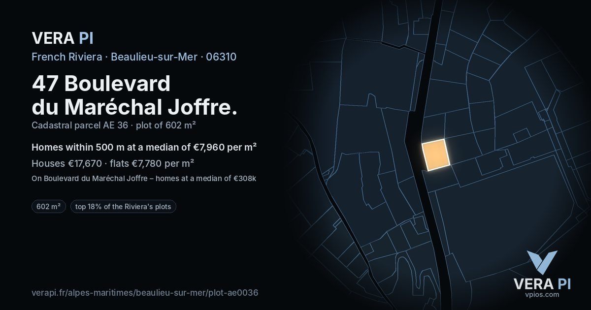 47 Boulevard du Maréchal Joffre, Beaulieu-sur-Mer at night – the plot lit, the parcels around coloured by the prices near them