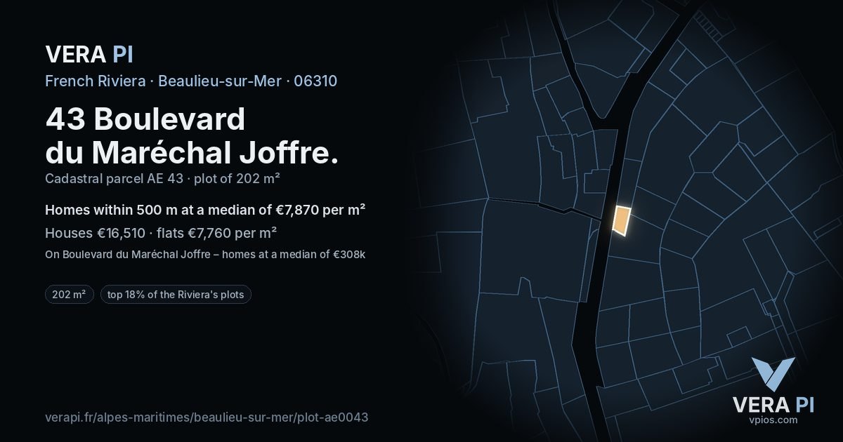 43 Boulevard du Maréchal Joffre, Beaulieu-sur-Mer at night – the plot lit, the parcels around coloured by the prices near them