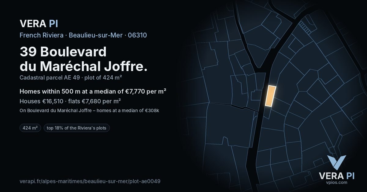 39 Boulevard du Maréchal Joffre, Beaulieu-sur-Mer at night – the plot lit, the parcels around coloured by the prices near them