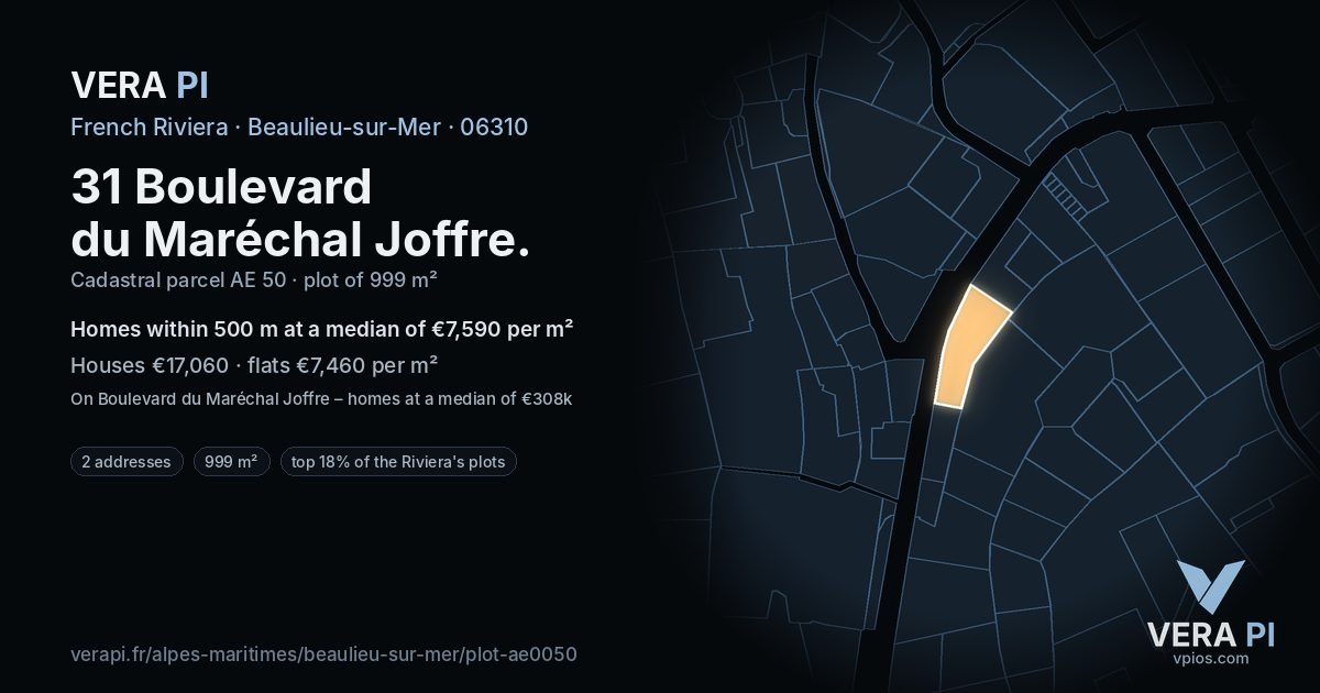 31 Boulevard du Maréchal Joffre, Beaulieu-sur-Mer at night – the plot lit, the parcels around coloured by the prices near them