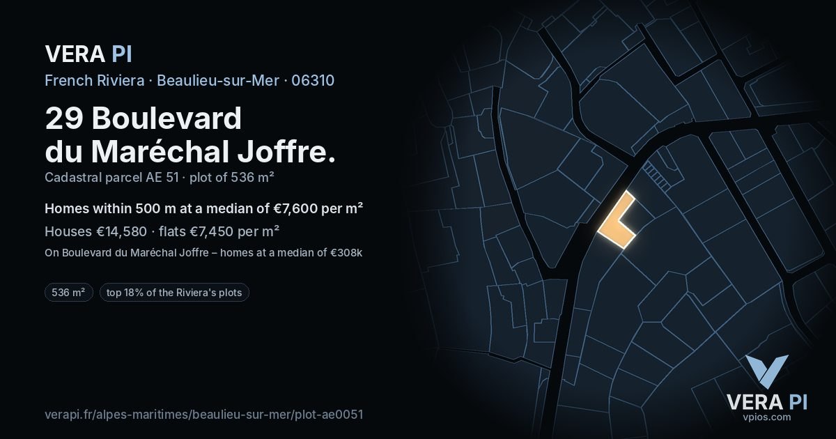 29 Boulevard du Maréchal Joffre, Beaulieu-sur-Mer at night – the plot lit, the parcels around coloured by the prices near them