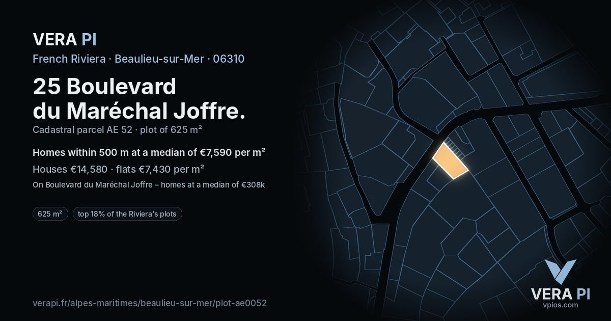 25 Boulevard du Maréchal Joffre, Beaulieu-sur-Mer at night – the plot lit, the parcels around coloured by the prices near them