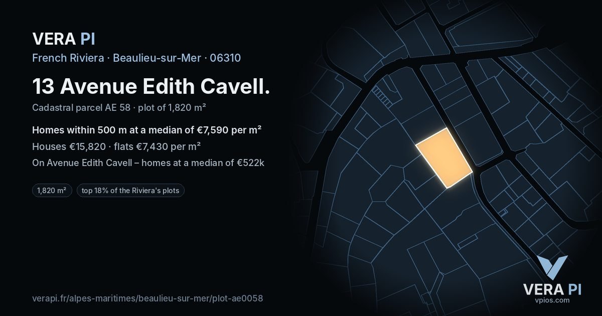 13 Avenue Edith Cavell, Beaulieu-sur-Mer at night – the plot lit, the parcels around coloured by the prices near them