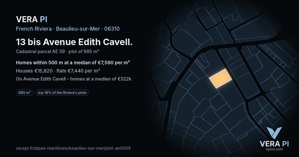 13 bis Avenue Edith Cavell, Beaulieu-sur-Mer at night – the plot lit, the parcels around coloured by the prices near them