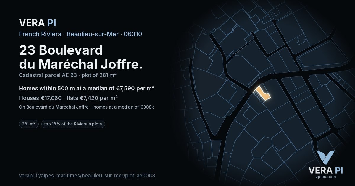 23 Boulevard du Maréchal Joffre, Beaulieu-sur-Mer at night – the plot lit, the parcels around coloured by the prices near them