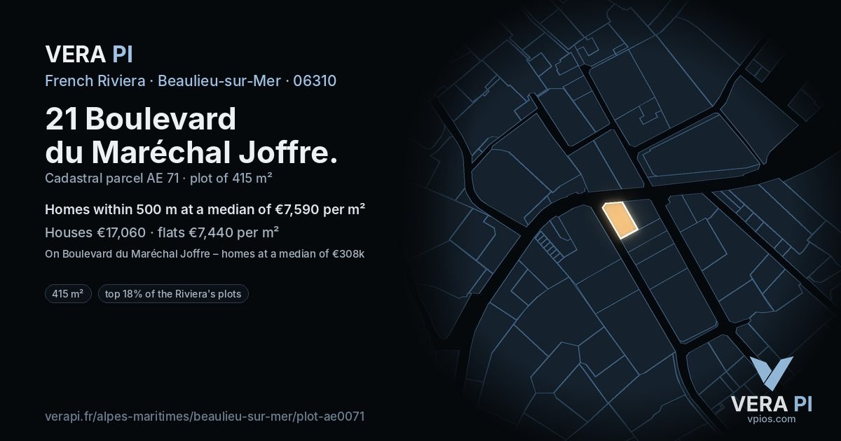 21 Boulevard du Maréchal Joffre, Beaulieu-sur-Mer at night – the plot lit, the parcels around coloured by the prices near them