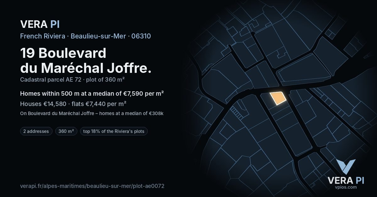 19 Boulevard du Maréchal Joffre, Beaulieu-sur-Mer at night – the plot lit, the parcels around coloured by the prices near them