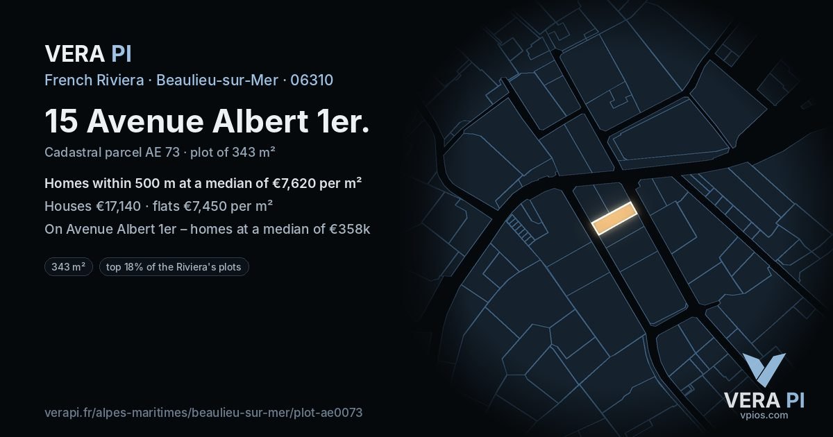 15 Avenue Albert 1er, Beaulieu-sur-Mer at night – the plot lit, the parcels around coloured by the prices near them
