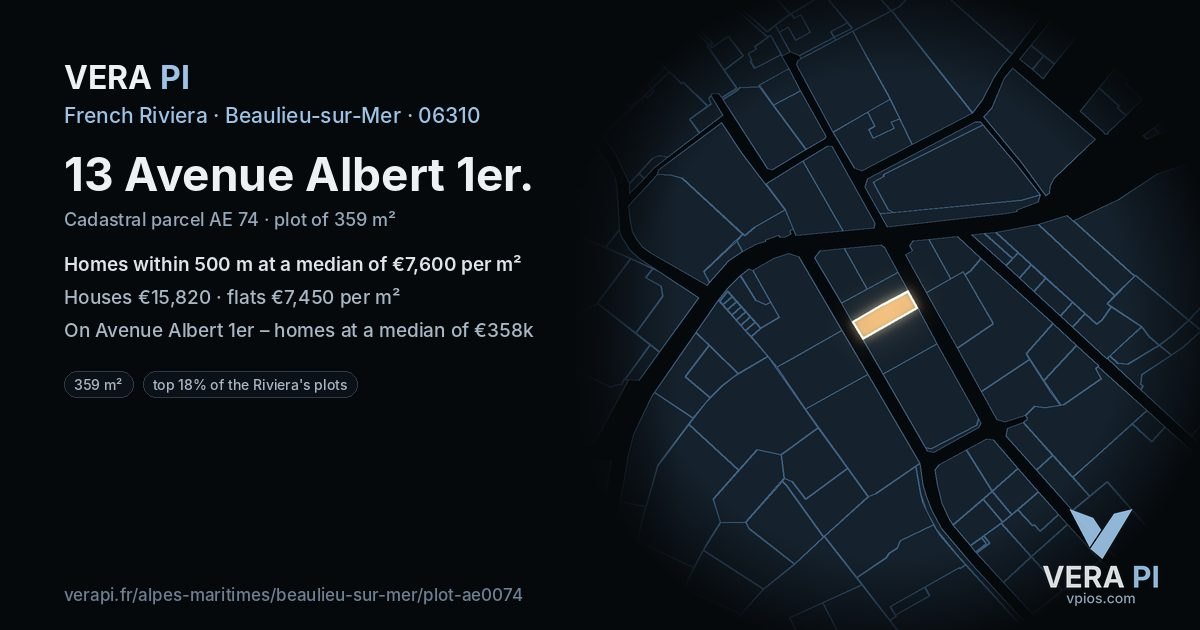 13 Avenue Albert 1er, Beaulieu-sur-Mer at night – the plot lit, the parcels around coloured by the prices near them