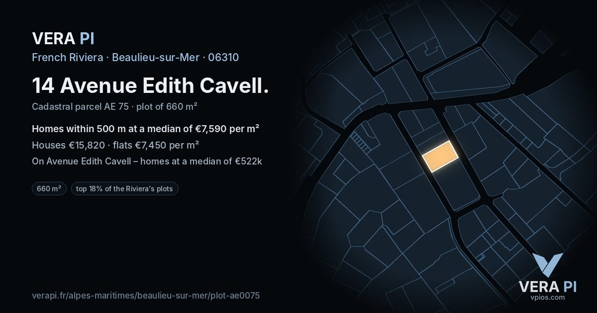 14 Avenue Edith Cavell, Beaulieu-sur-Mer at night – the plot lit, the parcels around coloured by the prices near them
