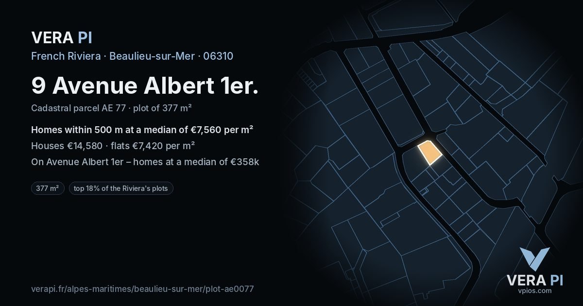 9 Avenue Albert 1er, Beaulieu-sur-Mer at night – the plot lit, the parcels around coloured by the prices near them