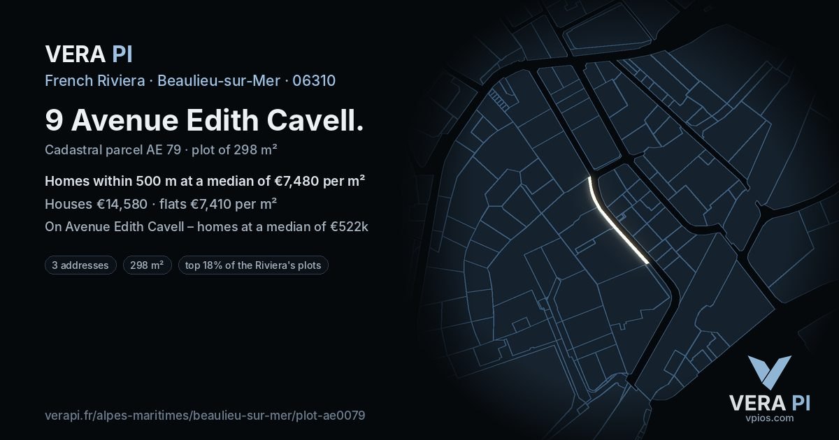 9 Avenue Edith Cavell, Beaulieu-sur-Mer at night – the plot lit, the parcels around coloured by the prices near them