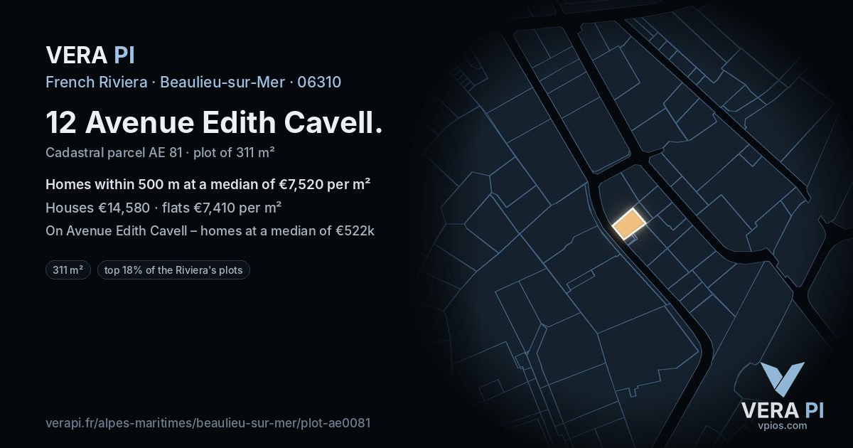 12 Avenue Edith Cavell, Beaulieu-sur-Mer at night – the plot lit, the parcels around coloured by the prices near them