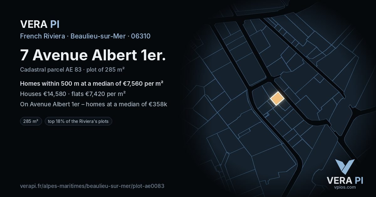 7 Avenue Albert 1er, Beaulieu-sur-Mer at night – the plot lit, the parcels around coloured by the prices near them