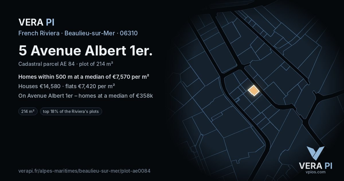 5 Avenue Albert 1er, Beaulieu-sur-Mer at night – the plot lit, the parcels around coloured by the prices near them
