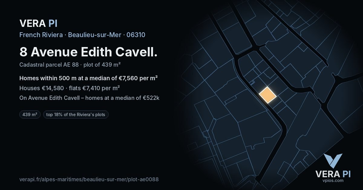 8 Avenue Edith Cavell, Beaulieu-sur-Mer at night – the plot lit, the parcels around coloured by the prices near them