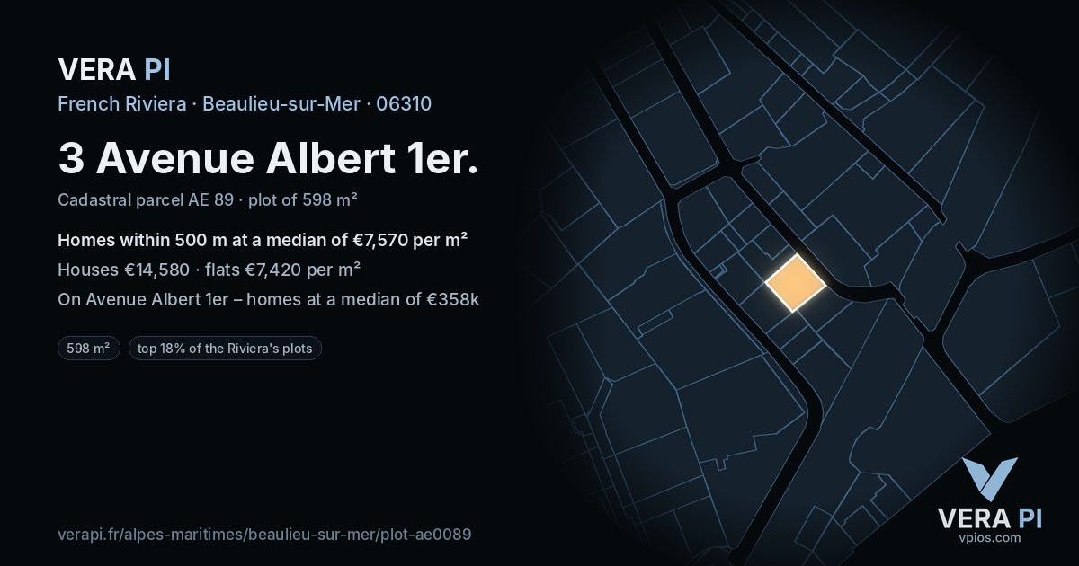 3 Avenue Albert 1er, Beaulieu-sur-Mer at night – the plot lit, the parcels around coloured by the prices near them