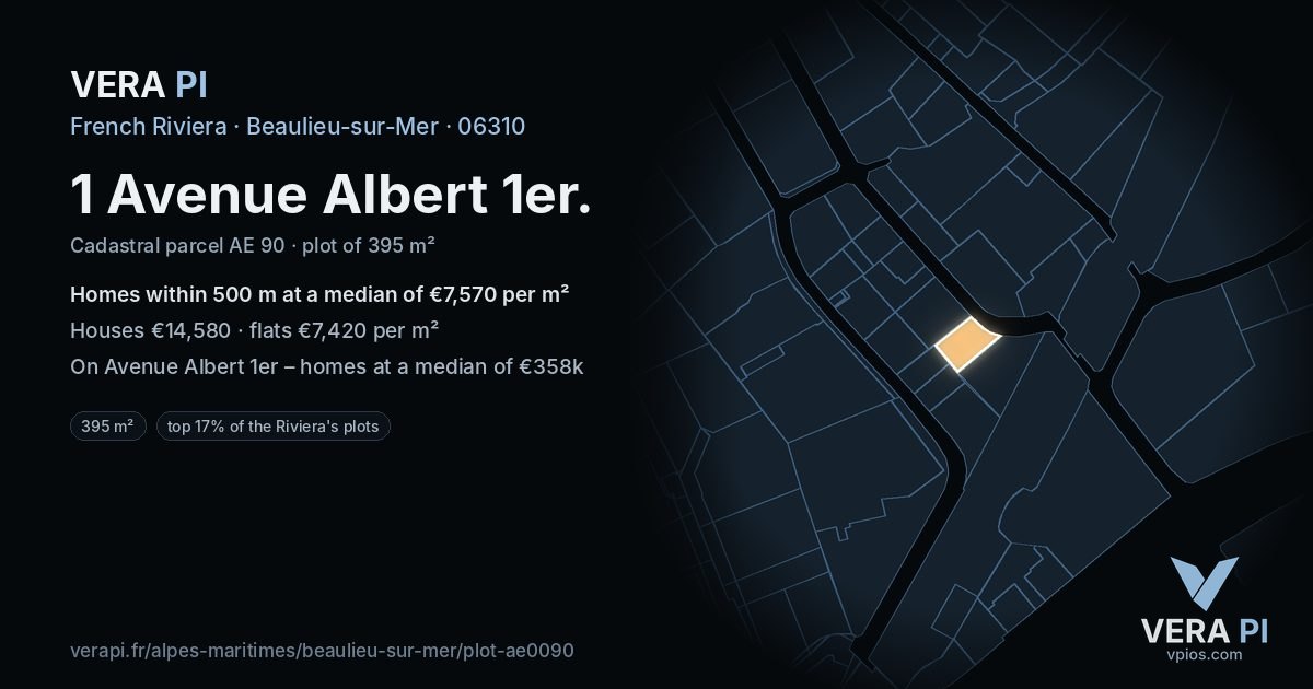 1 Avenue Albert 1er, Beaulieu-sur-Mer at night – the plot lit, the parcels around coloured by the prices near them