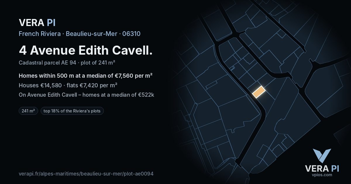 4 Avenue Edith Cavell, Beaulieu-sur-Mer at night – the plot lit, the parcels around coloured by the prices near them