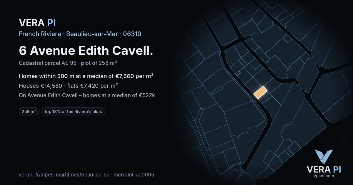 6 Avenue Edith Cavell, Beaulieu-sur-Mer at night – the plot lit, the parcels around coloured by the prices near them