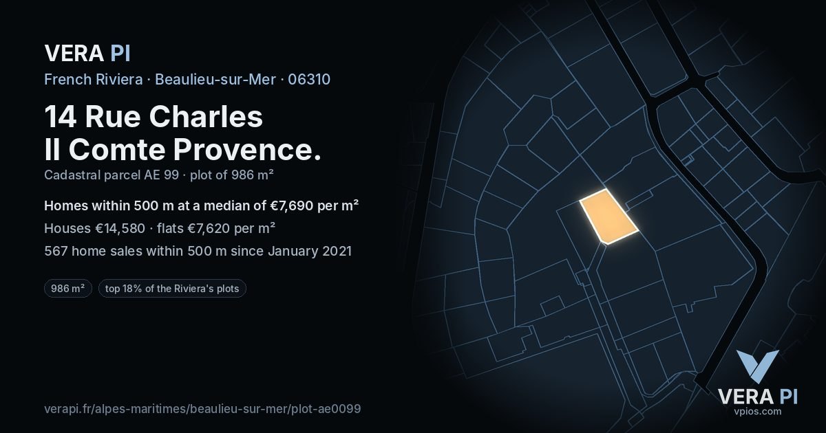 14 Rue Charles II Comte Provence, Beaulieu-sur-Mer at night – the plot lit, the parcels around coloured by the prices near them