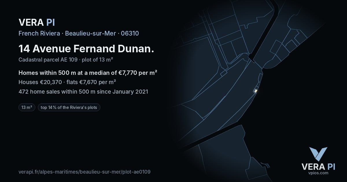 14 Avenue Fernand Dunan, Beaulieu-sur-Mer at night – the plot lit, the parcels around coloured by the prices near them