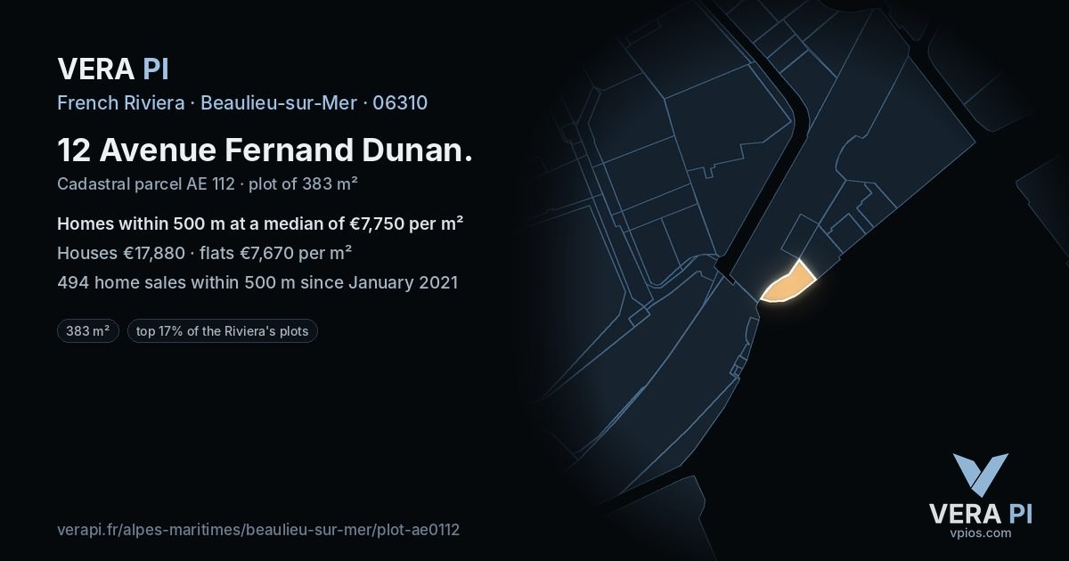 12 Avenue Fernand Dunan, Beaulieu-sur-Mer at night – the plot lit, the parcels around coloured by the prices near them