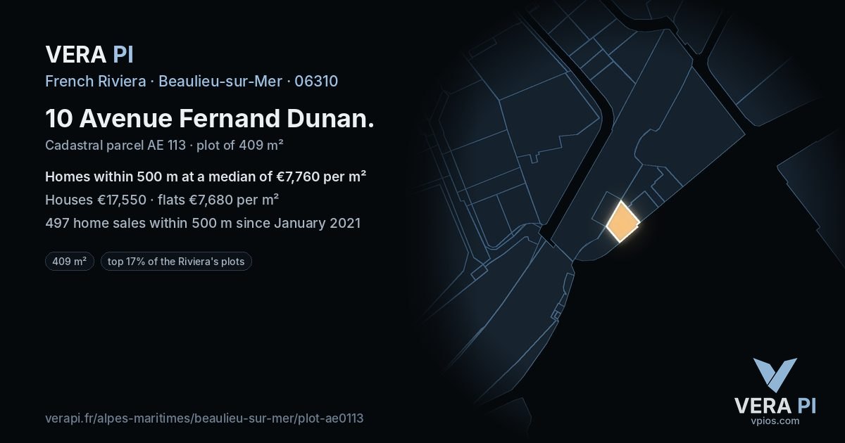 10 Avenue Fernand Dunan, Beaulieu-sur-Mer at night – the plot lit, the parcels around coloured by the prices near them