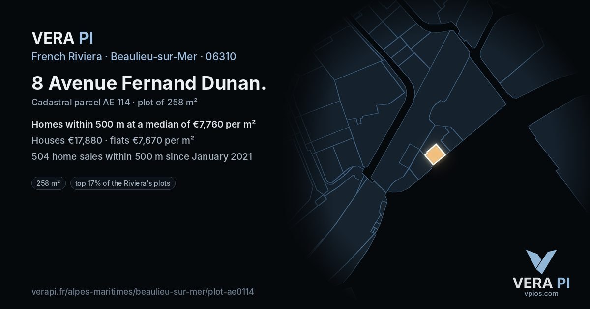 8 Avenue Fernand Dunan, Beaulieu-sur-Mer at night – the plot lit, the parcels around coloured by the prices near them