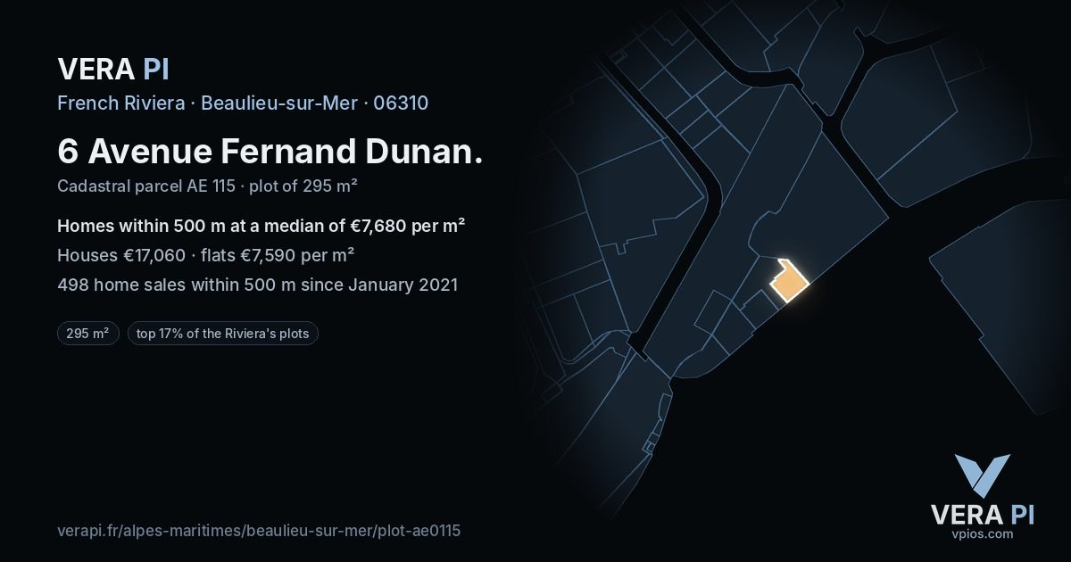 6 Avenue Fernand Dunan, Beaulieu-sur-Mer at night – the plot lit, the parcels around coloured by the prices near them