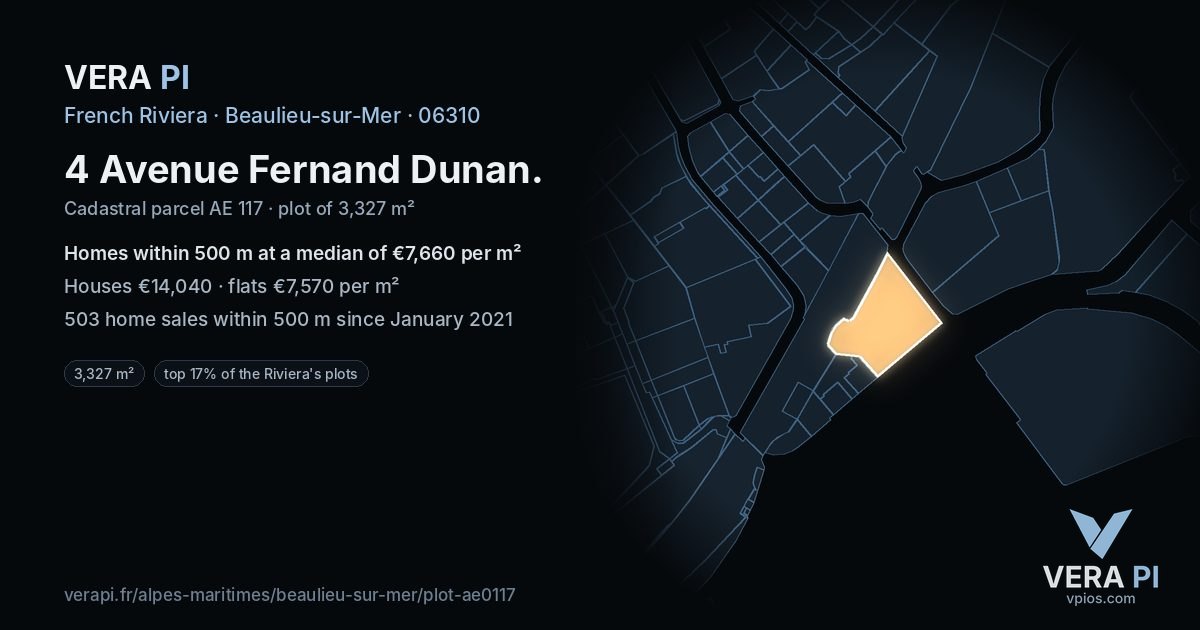 4 Avenue Fernand Dunan, Beaulieu-sur-Mer at night – the plot lit, the parcels around coloured by the prices near them