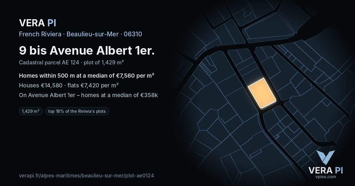 9 bis Avenue Albert 1er, Beaulieu-sur-Mer at night – the plot lit, the parcels around coloured by the prices near them